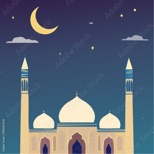 Islamic Mosque Illustration at Night Under a Crescent Moon and Stars, Capturing the Serene Ambiance of a Religious Building During Ramadan or Eid Celebrations
