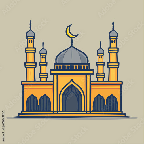 An illustration of a grand mosque with tall minarets and a dome topped with a crescent moon, showcasing Islamic architectural style