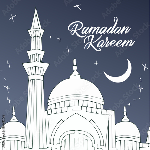 Ramadan Kareem - a serene illustration of a mosque at night with crescent moon and stars, conveying peace and blessings of the holy month