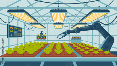 robotic arm tending plants in a futuristic indoor farm, vector illustration for smart farming, controlled environment agriculture and modern greenhouse technology