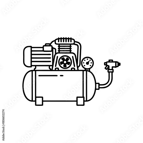 Illustration of air compressor with motor and pressure gauge for mechanics  