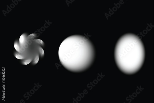 Vector illustration of three gradient blurred white shapes including a spiral circle and oval on black background