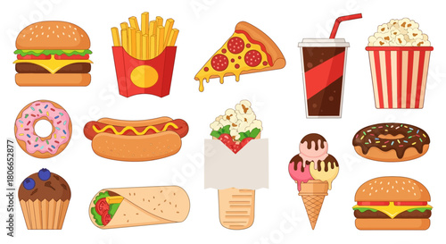 Colorful Cartoon Collection of Popular Fast Food and Snack Illustrations A Delicious Assortment of Quick Meal and Sweet Treat Vector Graphics