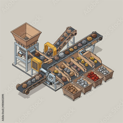 Industrial sorting machine processing rocks on conveyor belts.