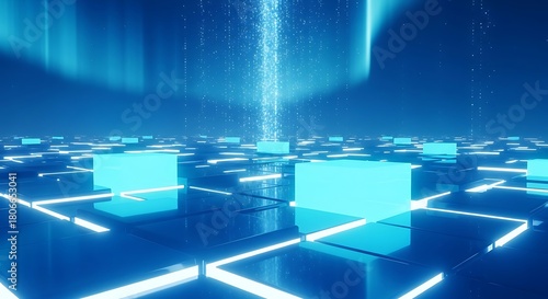 A grid of glowing cubes under a blue light, representing data centers, cloud computing, and the digital infrastructure of the modern world