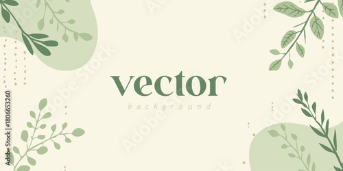 Soft green leaves and abstract shapes create a delicate vector background