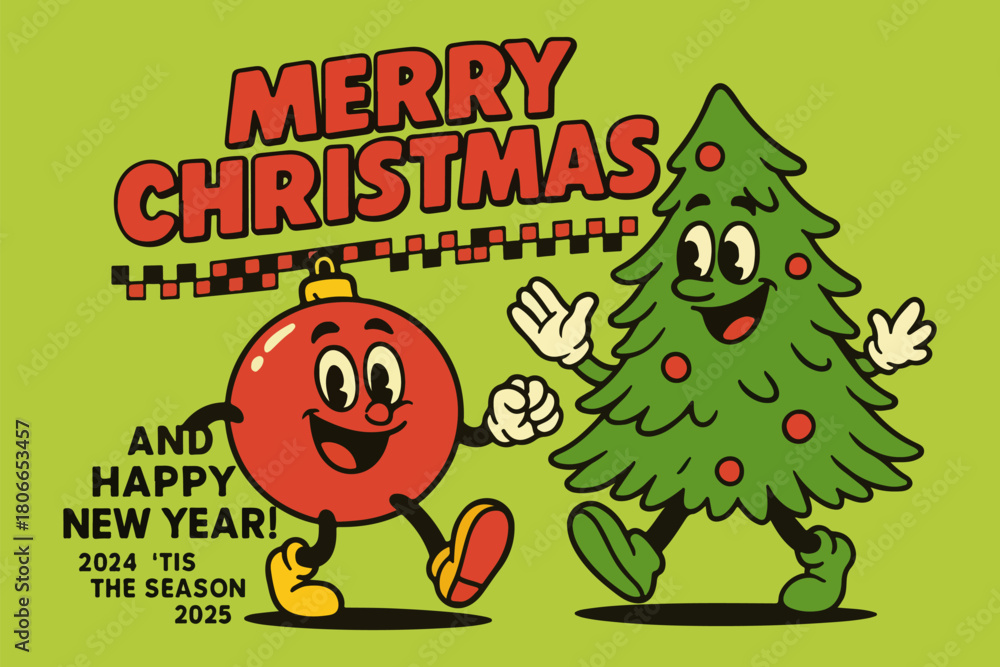 Fototapeta premium Happy new year greeting card vector illustration with a merry winter holiday celebration design featuring a cartoon snowman, Christmas tree, and Santa