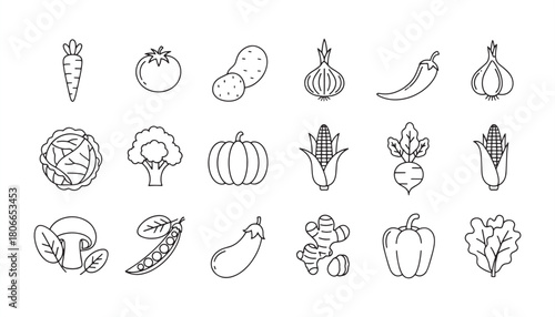 Vegetable Icon Set – Fresh Produce, Vegan Food, Healthy Eating, Farm Harvest Outline Illustrations