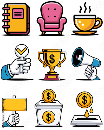 Cartoon Business Icons Set: Office, Success, Finance, Marketing