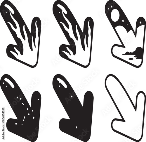 Six hand drawn doodle arrows pointing down right with rough chalk-like texture for indicating direction