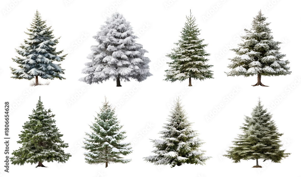 Obraz premium PNG Snow-covered evergreen trees collection, element set on transparent background