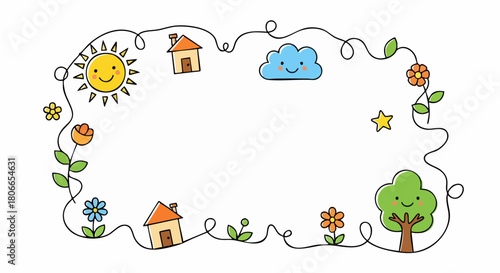Whimsical Landscape Border with Cartoon Elements for Children's Design