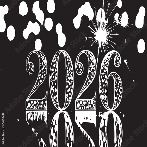 Year 2026 celebration background with white numbers and sparkler effect on a dark backdrop