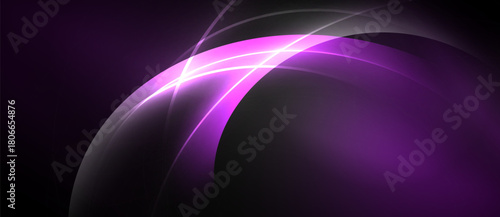 Abstract purple design features curved lines, glowing effects, dark background. Minimalist composition creates modern aesthetic.