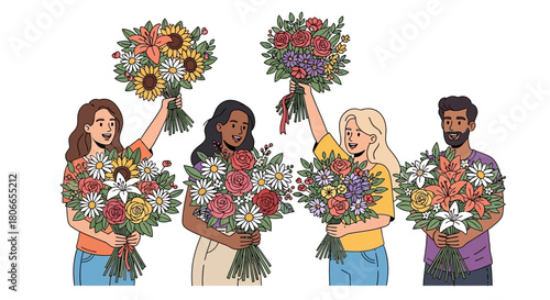 Four diverse individuals proudly displaying fresh, colorful flower bouquets, symbolizing gratitude, celebration, and friendship in a vibrant illustration