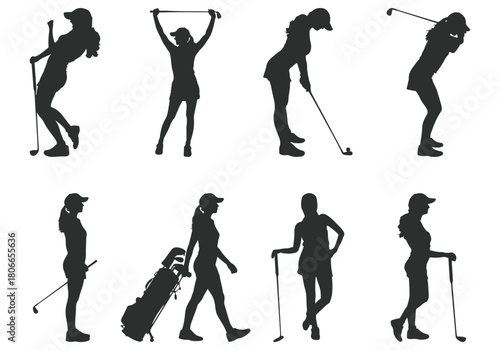 Silhouettes of Female Golf Players Vector – Elegant Golfer Poses on White Background, Minimalist Sports Illustration