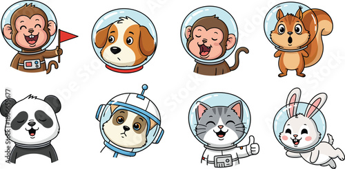 Cartoon animals in astronaut suits, monkey, dog, squirrel, panda, cat, rabbit in space helmets, vector illustration, children theme, space adventure