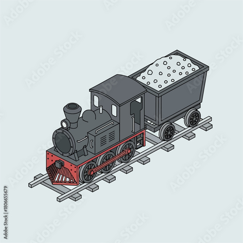 Isometric illustration of a vintage steam locomotive on railroad tracks.