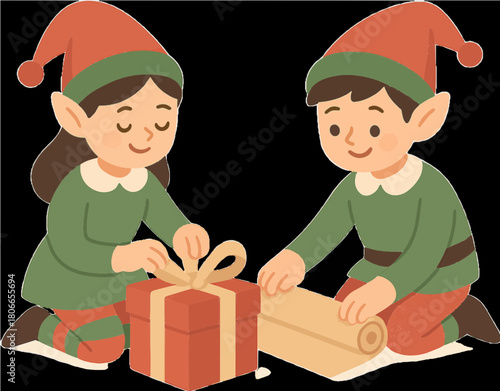 Holiday Helpers: Two jovial elves, decked in festive attire, diligently wrap gifts, radiating the cheerful essence of giving and anticipation. 