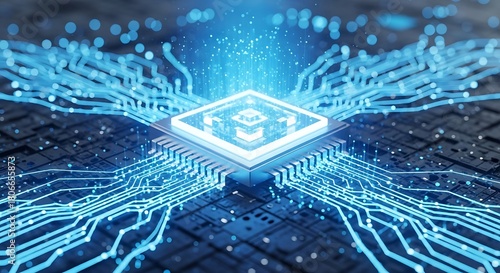 Closeup of a glowing microchip with intricate circuit patterns, symbolizing advanced technology, artificial intelligence, and digital processing power