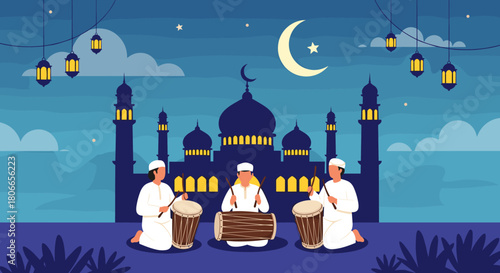 Three men playing traditional drums to celebrate Ramadan in front of a mosque silhouette under a starry night sky.