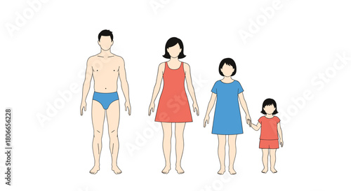 Simple anatomical illustration of a typical family unit with a father mother and two daughters standing together in a row.