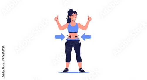 Happy fit woman in athletic clothing showing off her slim waist and weight loss results after a successful diet and workout.