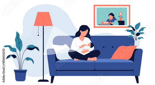 Loving mother sitting comfortably on a sofa in her living room while breastfeeding her newborn baby with care and affection.