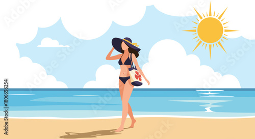 Beautiful young woman in a stylish bikini and sun hat walking along a tropical sandy beach on a sunny summer day vacation.