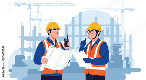 Two construction engineers in hard hats reviewing blueprints and communicating on a walkie-talkie at a building site.