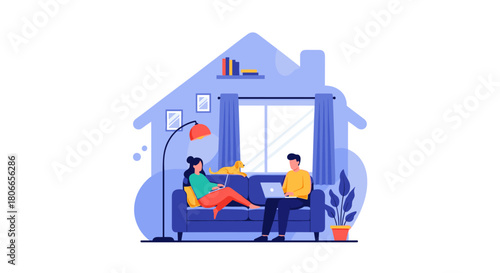 Young couple with their dog working from home on laptops while sitting on the sofa in a cozy and comfortable living room.