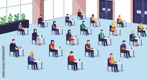 Students or employees wearing face masks and practicing social distancing in a classroom or office with hand sanitizer on each desk.