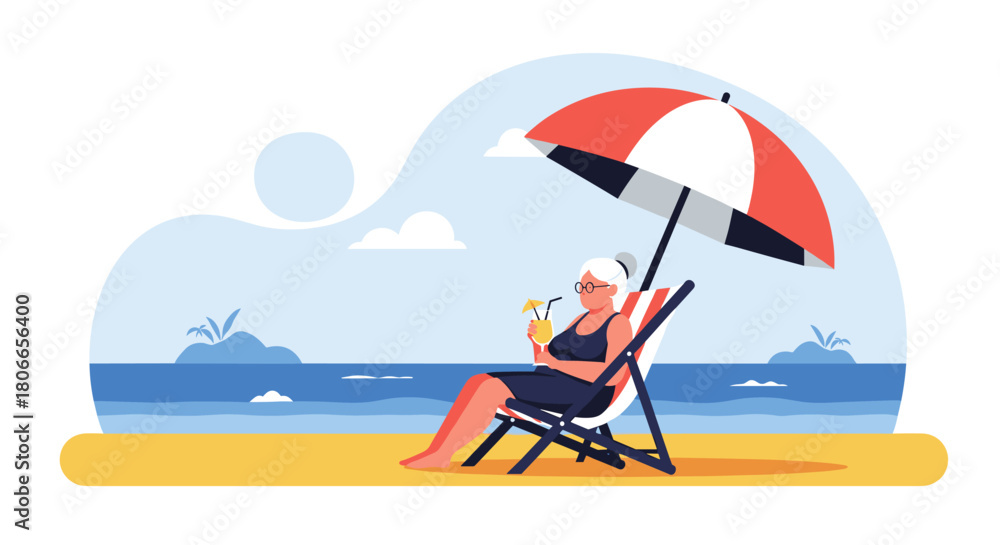 Fototapeta premium Happy elderly woman relaxing on a beach chair under an umbrella and enjoying a tropical cocktail on her seaside vacation.