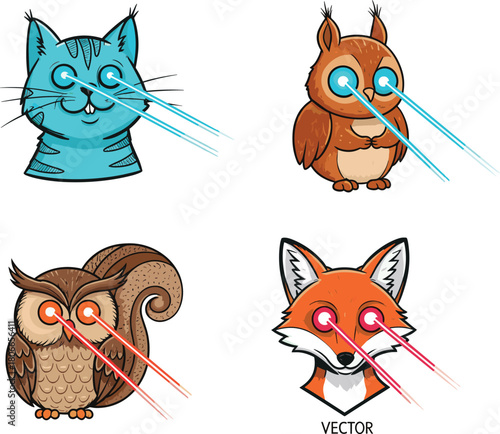 Cartoon animals with laser eyes, blue cat, squirrel, owl, red fox shooting beams, fantasy vector illustration, humorous theme, children concept
