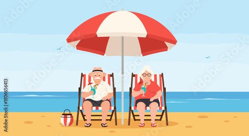 Elderly couple enjoying their retirement with a tropical cocktail on beach chairs under an umbrella during a summer vacation.