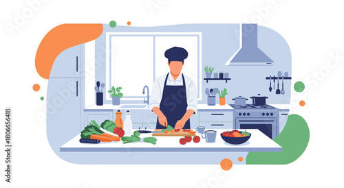 Professional male chef in uniform preparing a healthy meal by chopping fresh vegetables on a cutting board in a modern kitchen.
