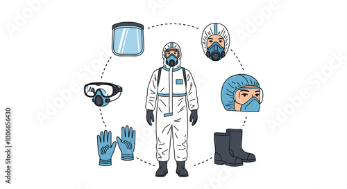 Infographic showing a person in a hazmat suit with a full set of personal protective equipment for biological hazards.