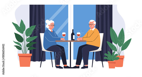 Lovely elderly couple having a romantic date at home sitting at a table and drinking red wine together by the window.