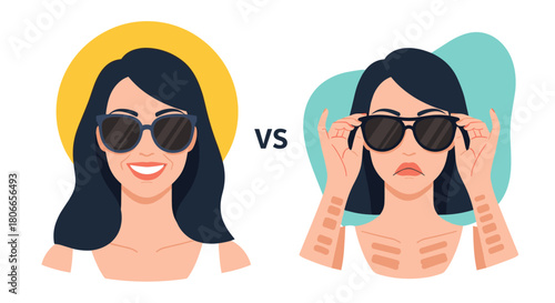 Comparison of a woman's skin with and without sunscreen protection showing the effects of sunburn versus healthy skin.