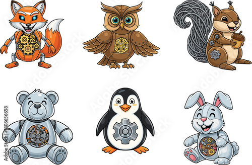 Cartoon animals with mechanical gears, fox, owl, squirrel, polar bear, penguin, rabbit, steampunk theme, fantasy vector illustration, children concept