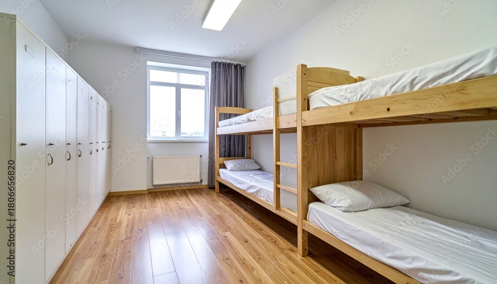 Fototapeta premium Bright and tidy hostel dormitory room interior with wooden bunk beds and secure lockers for budget-friendly travel accommodation
