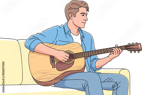 Relaxed man plays acoustic guitar while seated on couch, enjoying music and creative expression in a casual, comfortable setting at home