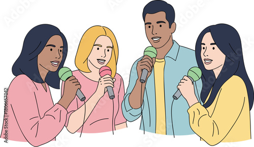 Diverse group singing with microphones, perfect for teamwork, music events, and collaborative projects, celebrate diversity and harmony with this art