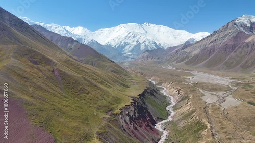 This aerial video reveals the breathtaking scenery of the Alay Valley in Kyrgyzstan, where the majestic Lenin Peak rises above the Chon-Alay mountain range under a perfectly clear sky.