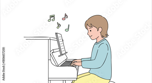 Expressive young person joyfully playing piano with musical notes floating above, captivating melody, artistic expression, vibrant, modern learning, talent, culture
