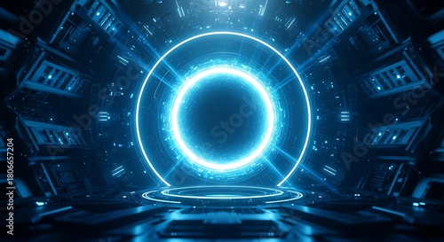 A futuristic and abstract rendering of a glowing blue portal in a dark, hightech environment, creating a sense of mystery and advanced technology