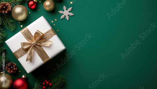 Holiday gift presentation cozy home setting festive decoration green background top-down view celebratory concept for christmas cheer and gift-giving traditions