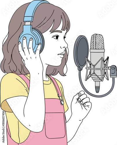 Young voice actress recording audiobook with professional microphone and headphones, creating captivating digital content with passion and precision, studio