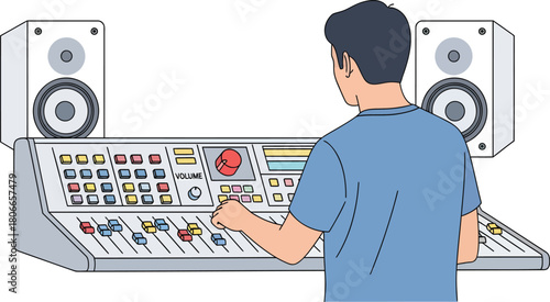 Mixing engineer working on a sound board with speakers for music production, creating audio, audio mixing, and professional sound design for studio work