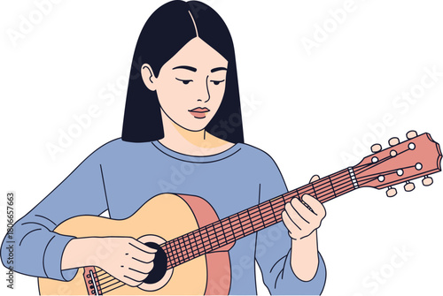 Young woman playing acoustic guitar with passion, perfect for music lessons, musicians, or creative projects, an artistic rendering full of inspiration